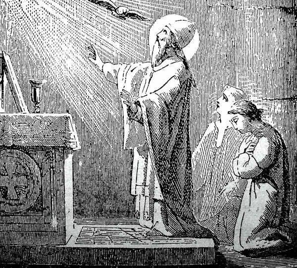 Na gravura, o papa Greg&oacute;rio VII de costas para os fi&eacute;is, conduzindo uma missa.