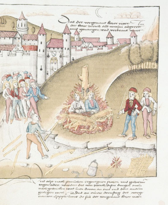 Ilustra&ccedil;&atilde;o de duas pessoas na fogueira do Tribunal da Santa Inquisi&ccedil;&atilde;o imposto pela Igreja Medieval.