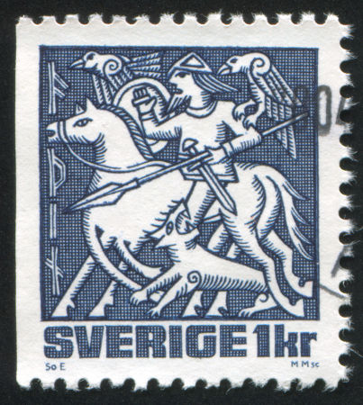 Representação de Odin em selo sueco. Repare os dois corvos (Hugin e Munin) nos ombros de Odin e o cavalo de oito patas (Sleipnir) *