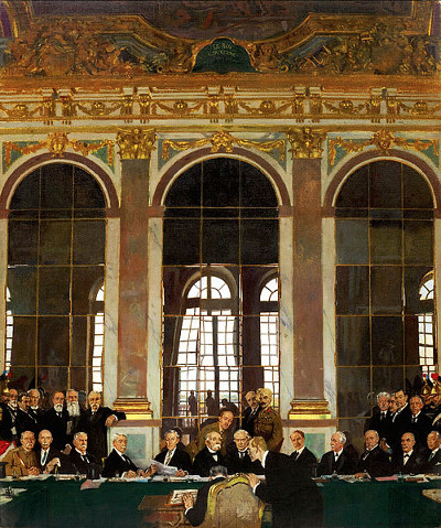 Assinatura do Tratado de Versalhes Representantes das nações vencedoras da Primeira Guerra Mundial assinando o Tratado de Versalhes *
